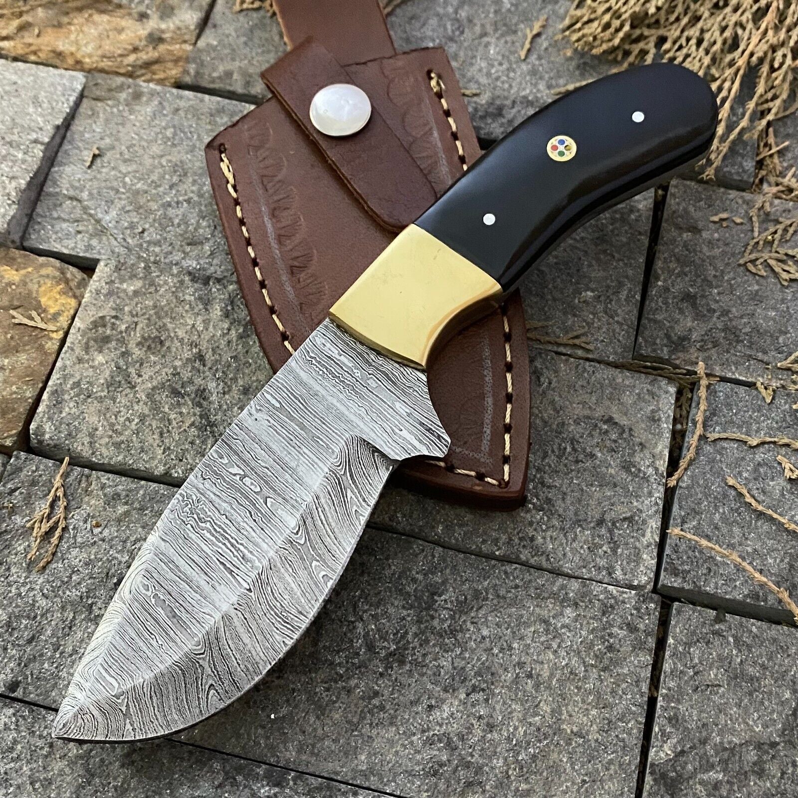 8" Custom Damascus Steel EDC Skinner Knife Buffalo Horn Handle with Sheath