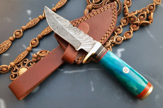 8" Custom Damascus Steel Hunting Knife with Camel Bone Handle – Bushcraft Skinner Knife