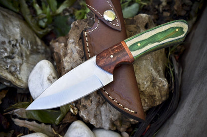 8" Custom Forged Skinner Knife AUS-8 Steel Hard Wood Handle Micarta Bolster with Leather Sheath Hiking