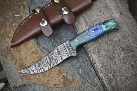 8" Custom Forged Twist Damascus Skinner Knife with Mixed Material Handle and Micarta Bolster – Handmade Gift Knife