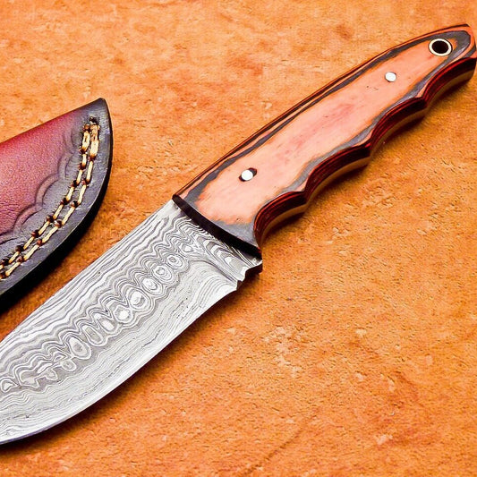 8" Custom Hand-Forged Damascus Steel Bowie Knife with Hardwood Handle & Sheath