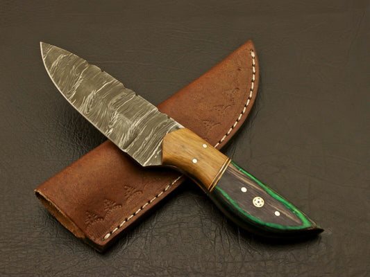 8" Custom Hand Forged Damascus Skinner Knife with Pure Wood Handle and Leather Sheath