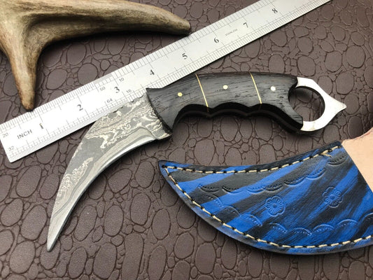 8" Custom Handmade Best Damascus Karambit Damascus Steel Karambit Knife with Wood Handle