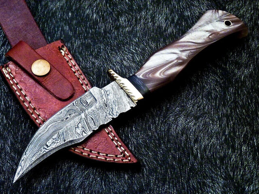 8" Custom Handmade Damascus Bowie Hunting Knife – Resin Handle with Brass Bolster