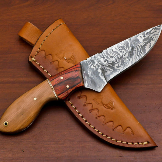 8" Custom Handmade Damascus Fixed Blade Bowie Knife – Olive & Pakka Wood 