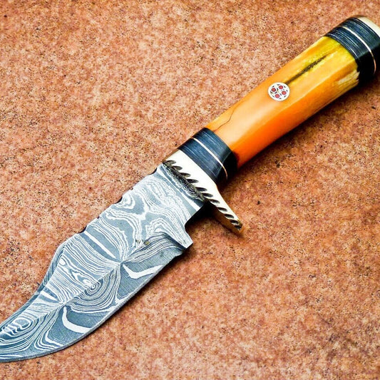 8" Custom Handmade Damascus Hunting Bowie Knife – Dyed Camel Bone Handle
