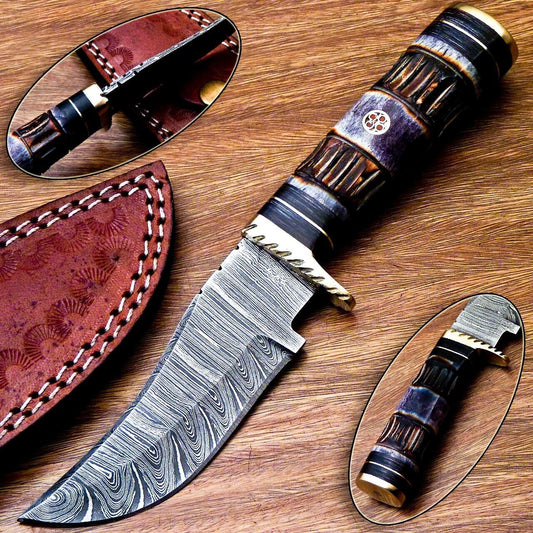 8" Custom Handmade Damascus Steel Bowie Knife – Engraved Camel Bone & Wood Handle