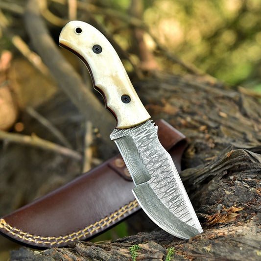 8" Custom Handmade Damascus Steel Hunting Tracker Knife | Bone Handle & Leather Sheath