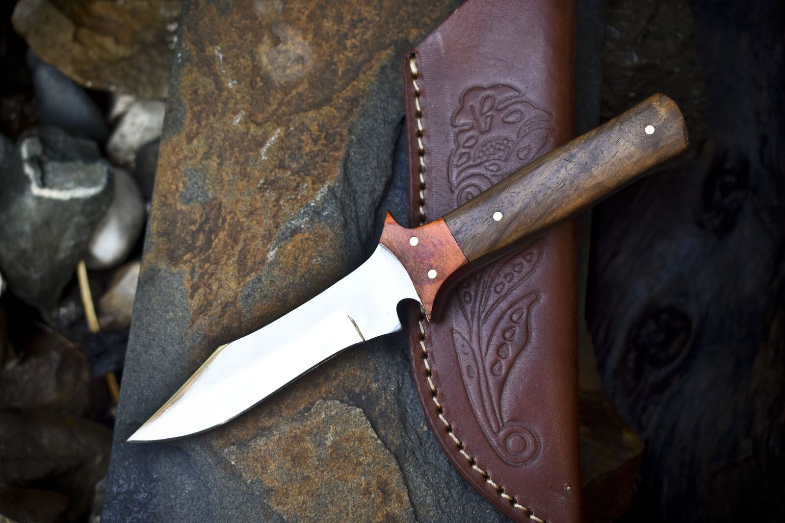 8" Custom Skinner Knife – AUS-8 Steel Blade, Walnut Wood Handle, Wooden Bolster, Leather Sheath Hiking Knife
