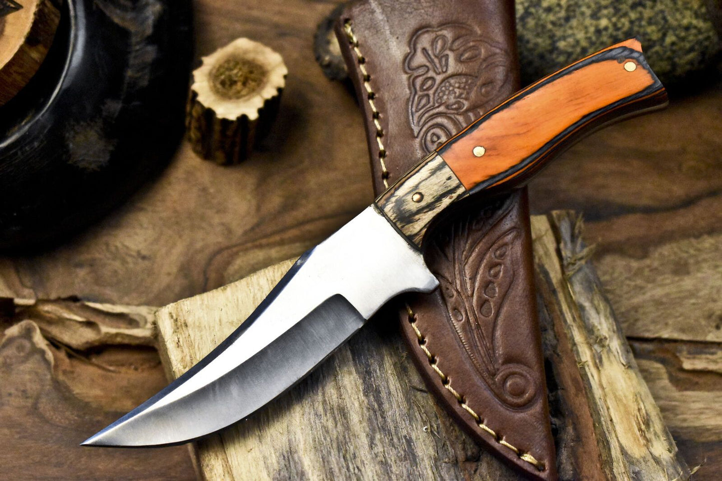 8" Custom Skinner Knife AUS-8 Steel Hard Wood Handle with Leather Sheath