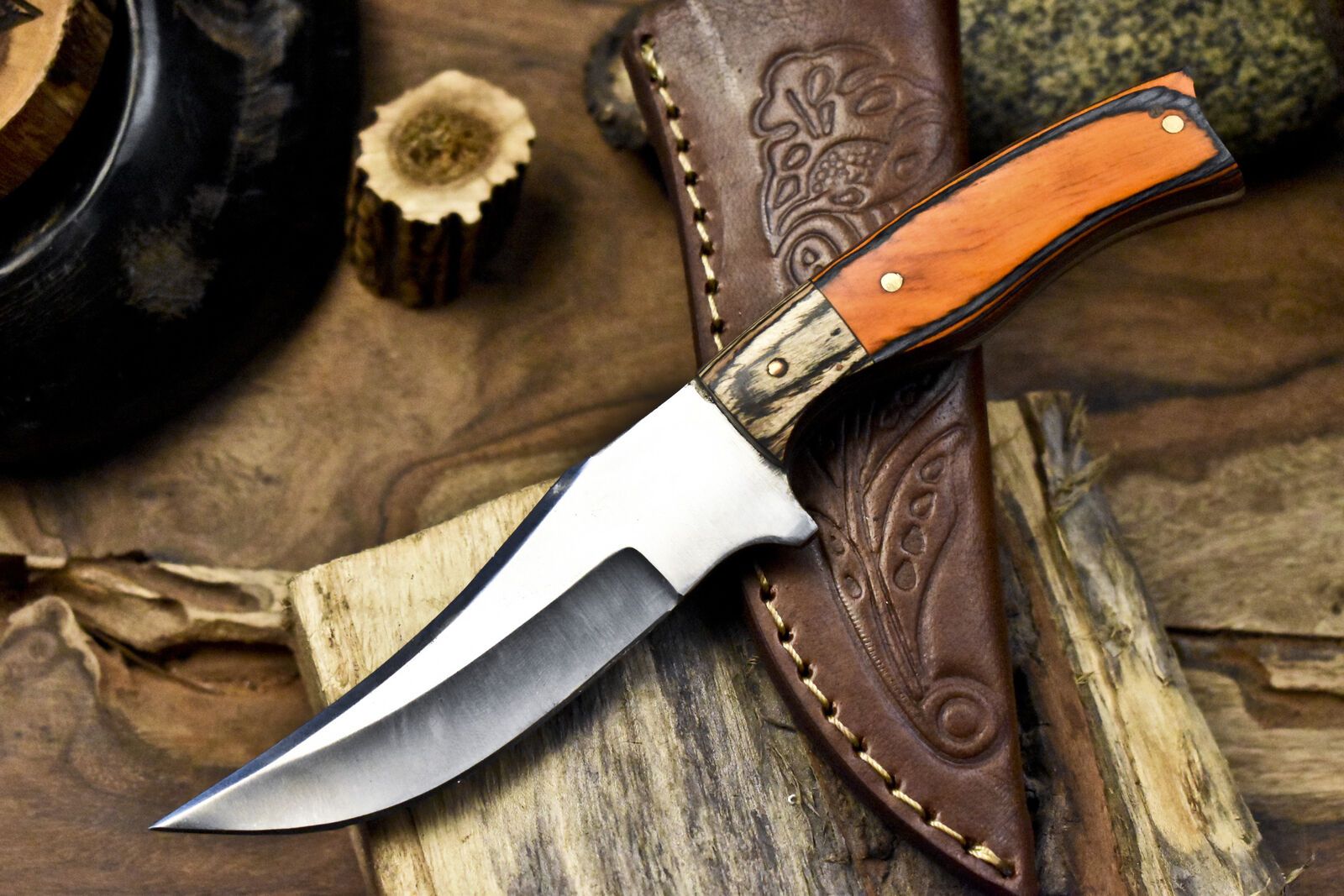 8" Custom Skinner Knife AUS-8 Steel Hard Wood Handle with Leather Sheath