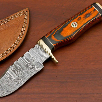 8" Damascus Bowie Hunting Knife – Pakka Wood Handle with Brass Guard