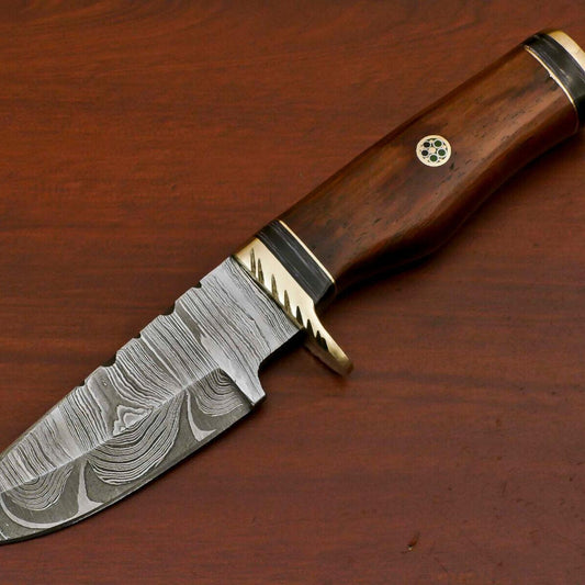 8" Damascus Bowie Hunting Knife – Rosewood & Pakka Wood Handle with Brass Guard