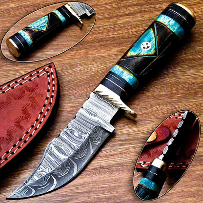 8" Damascus Bowie Knife Damascus Steel Knife with Camel Bone & Hardwood Handle