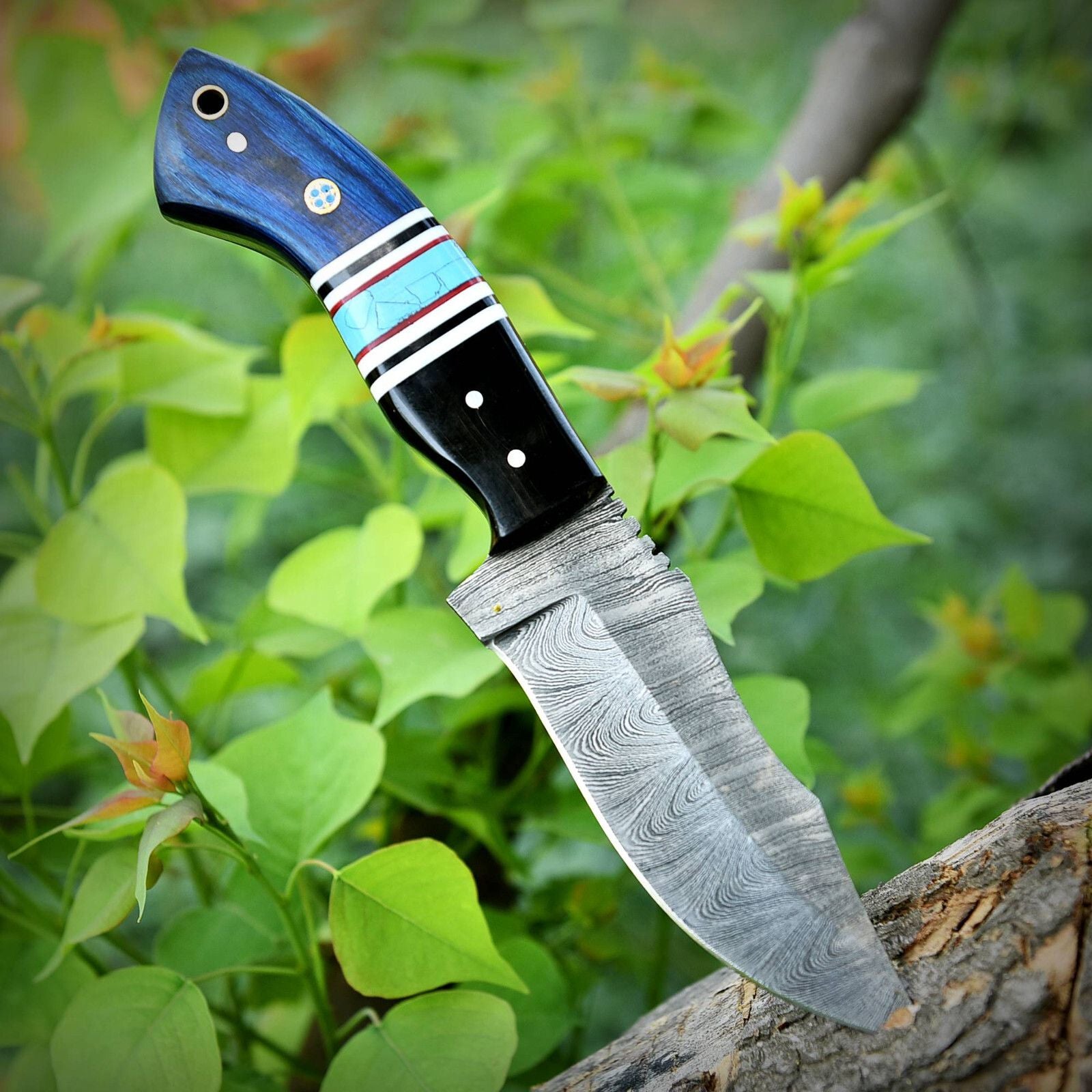 8" Damascus Bowie Knife – Pakkawood & Resin Handle with Leather Sheath