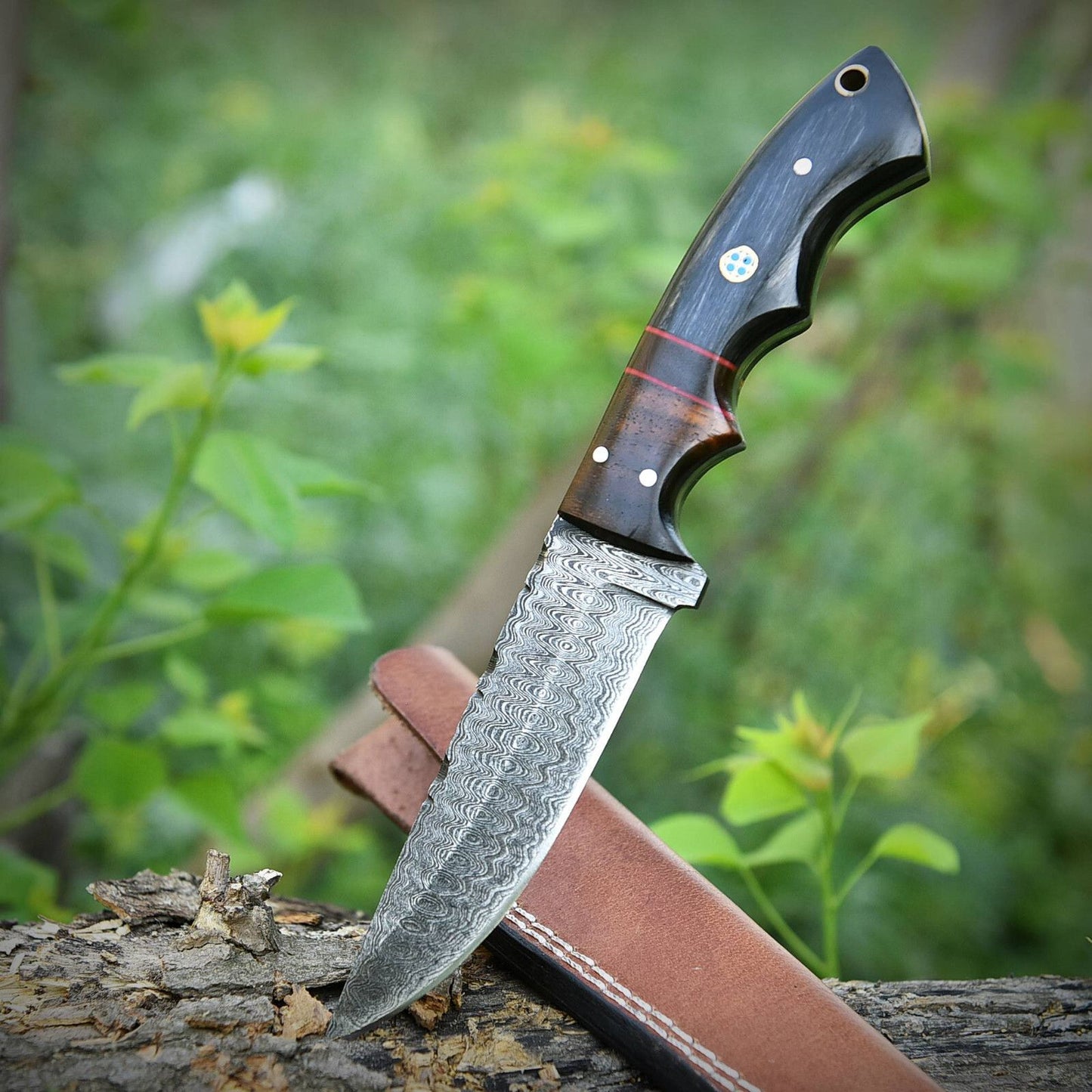 8" Damascus Bowie Knife – Pakkawood & Rosewood Handle with Leather Sheath