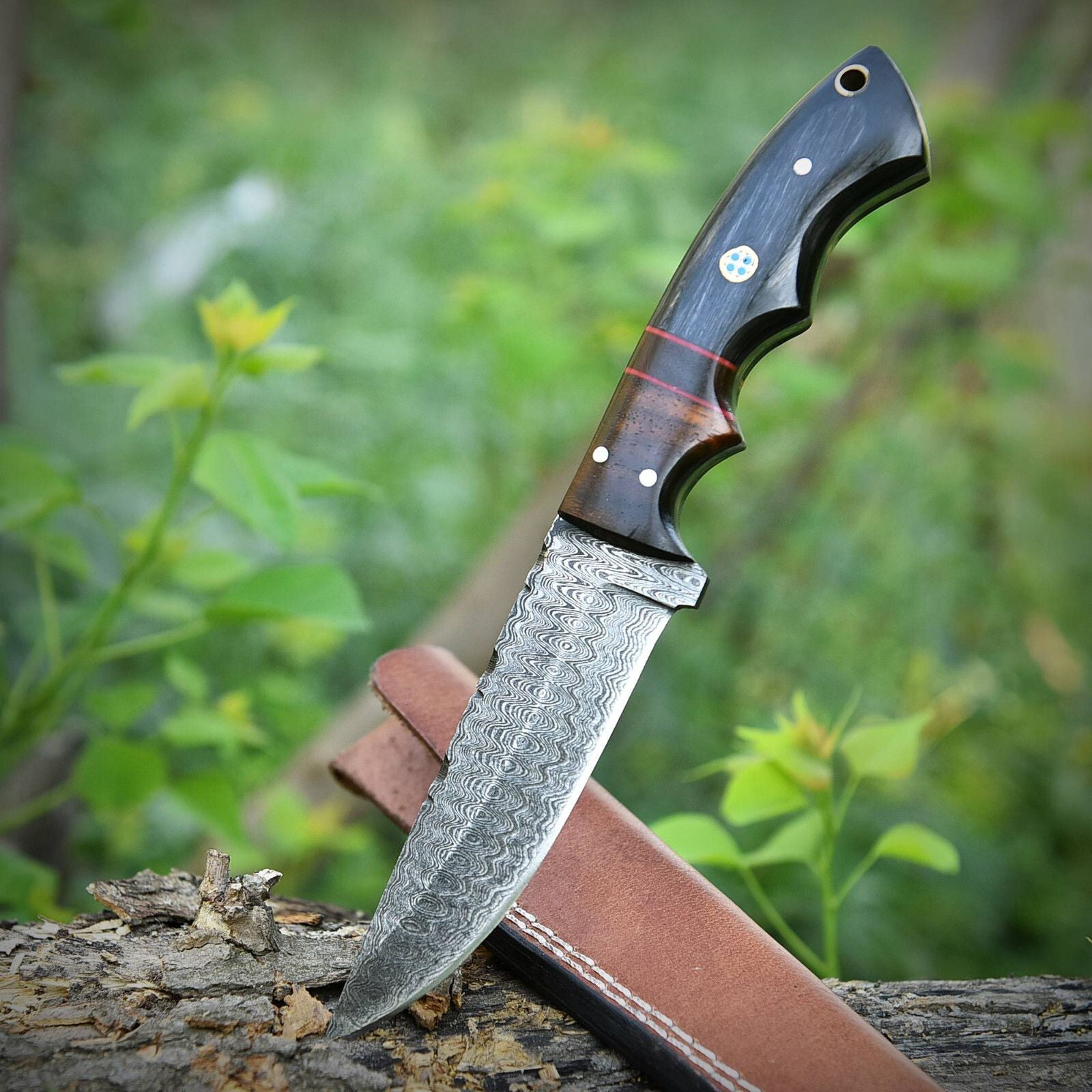 8" Damascus Bowie Knife – Pakkawood & Rosewood Handle with Leather Sheath