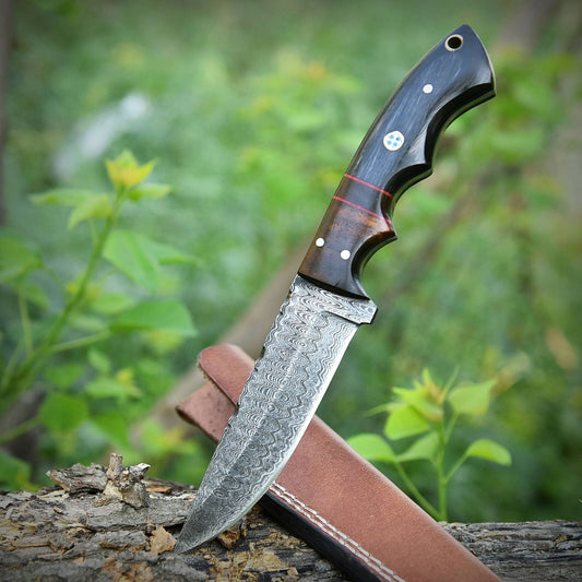 8" Damascus Bowie Knife – Pakkawood & Rosewood Handle with Leather Sheath