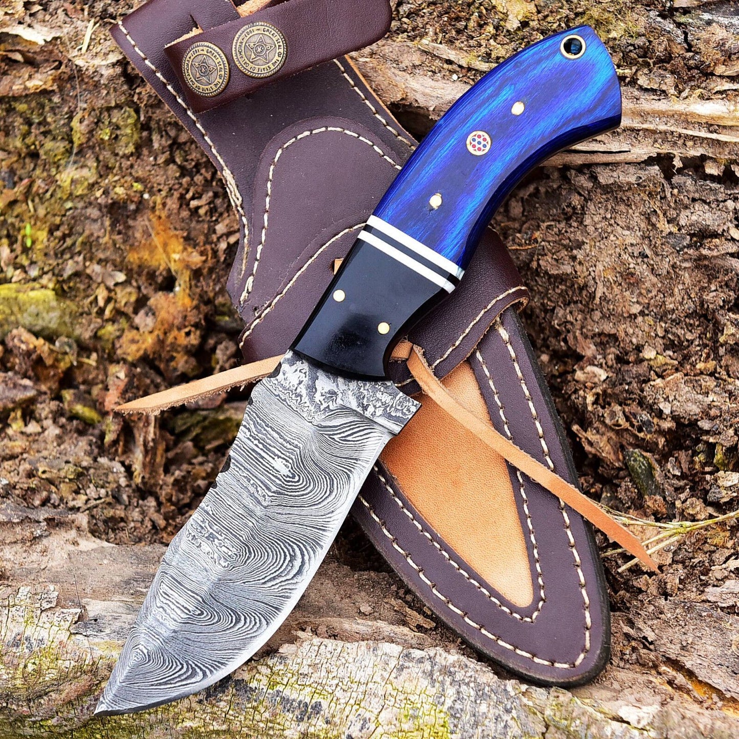 8" Damascus Bowie Knife – Pakkawood and Resin Handle with Leather Sheath