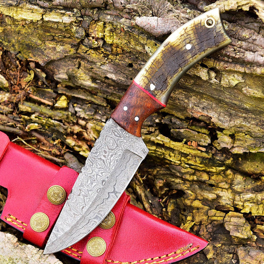 8" Damascus Bowie Knife – Ram’s Horn & Wood Handle with Leather Sheath