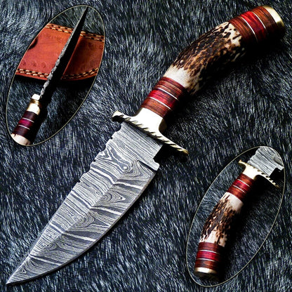 8" Damascus Bowie Knife – Stag Horn Handle & Brass Bolster