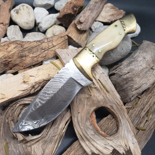 8” Damascus Bowie Skinner Knife – Bone Handle | Compact EDC