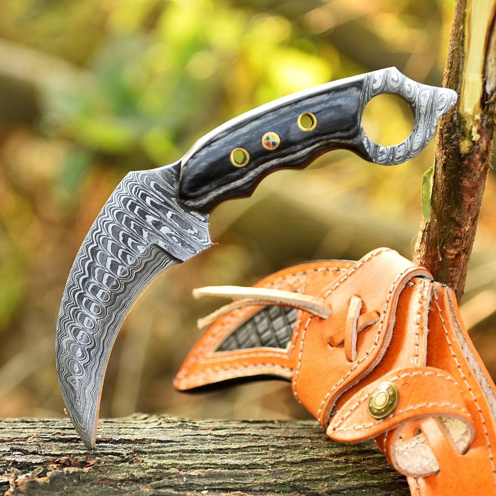 8” Damascus Double Edged Karambit Knife Damascus Steel Karambit With Wood Handle