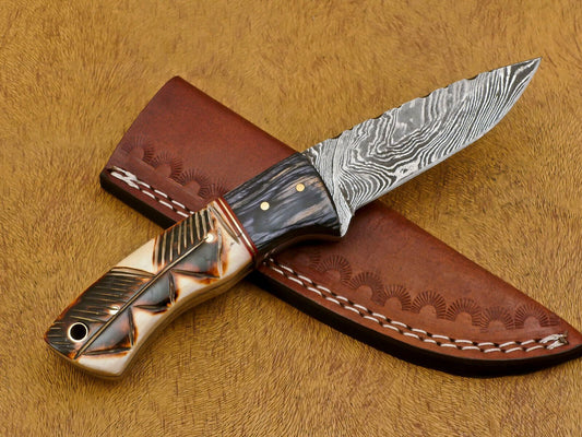 8" Damascus Fixed Blade Bowie Knife – Camel Bone & Pakka Wood Handle