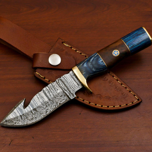 8" Damascus Gut Hook Bowie Knife – Rose & Pakka Wood Handle