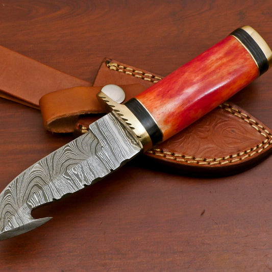 8" Damascus Gut Hook Bowie Knife – Stained Bone & Pakka Wood Handle 