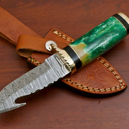 8" Damascus Gut Hook Bowie Knife with Stained Bone & Pakka Wood Handle