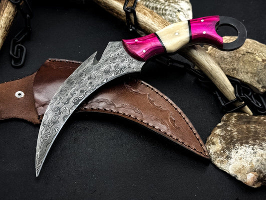 8” Damascus Karambit Damascus Steel Karambit Knife with Bone Handle and Wood Handle