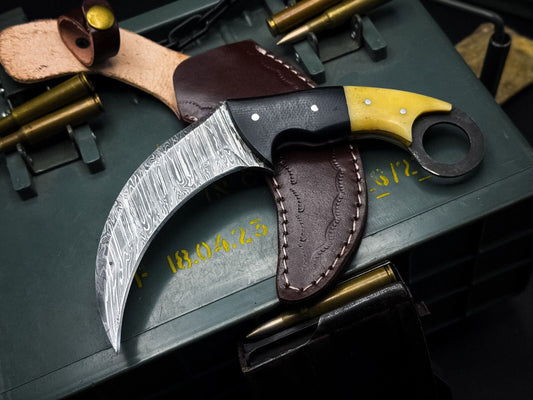  8” Damascus Karambit Knife Full Tang Damascus Steel Knife with Bone & Micarta Handle