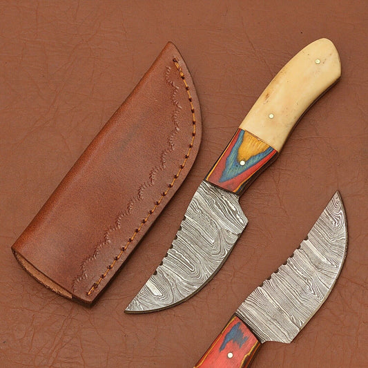 8" Damascus  Skinner Knife Wood Handle Custom Handmade Hunting Tool