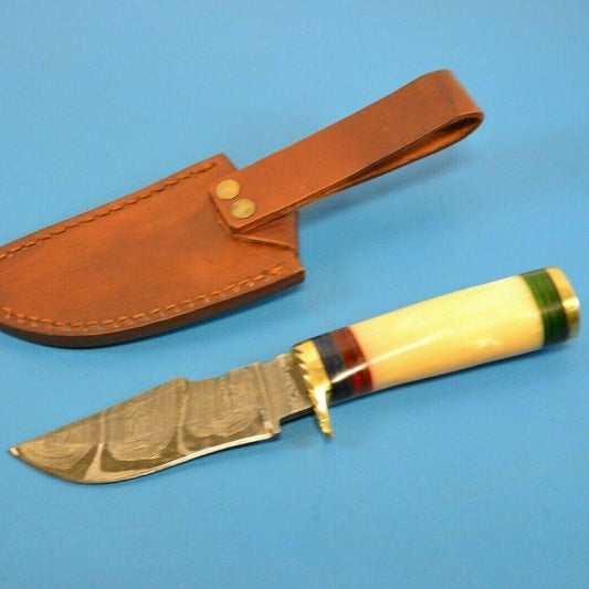 8" Damascus Steel Boot Bowie Knife – Bone Style Handle with Leather Sheath