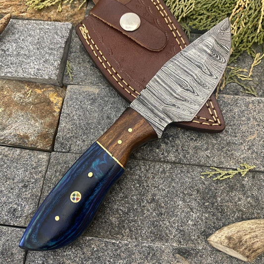  8" Damascus Steel Bowie – Hand-Forged EDC Hunting Knife with Wood Handle & Leather Sheath