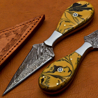 8" Damascus Steel Bowie Knife – Multicolor Handle & Leather Sheath
