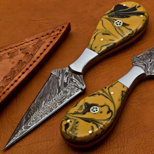 8" Damascus Steel Bowie Knife – Multicolor Handle & Leather Sheath