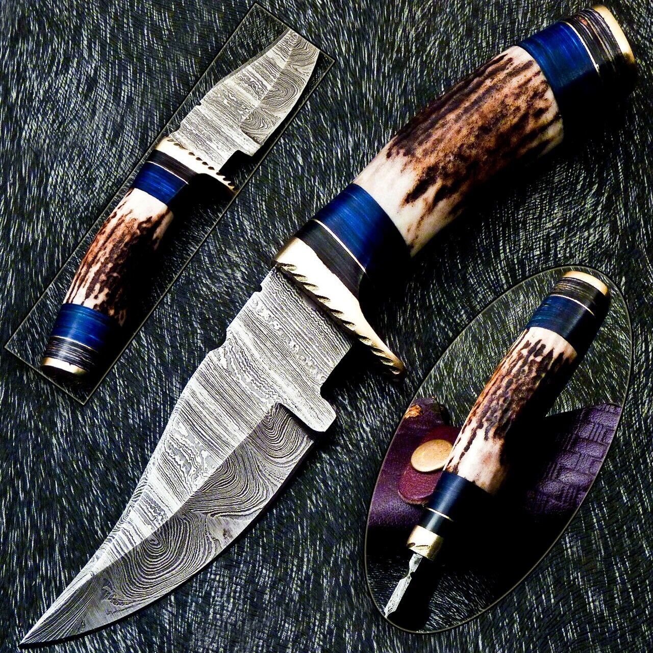 8" Damascus Steel Bowie Knife – Stag Antler & Hardwood Handle with Leather Sheath
