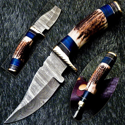 8" Damascus Steel Bowie Knife – Stag Antler & Hardwood Handle with Leather Sheath