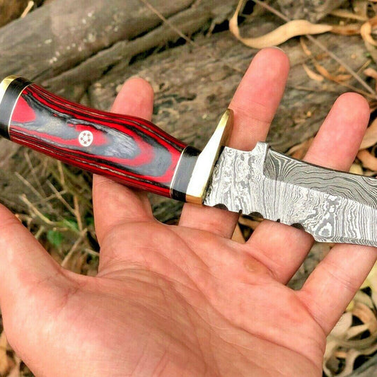 8" Damascus Steel Bowie Knife – Wood Handle & Brass Guard
