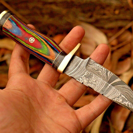 8" Damascus Steel Bowie Knife with Wood & Brass Guard 