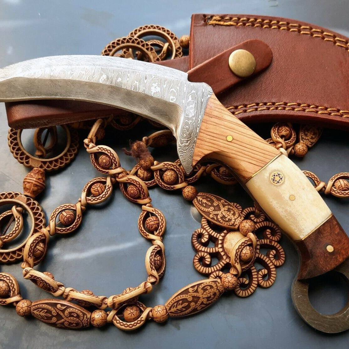 8" Damascus Steel Karambit Hunting Knife | Wood Handle with Leather Sheath