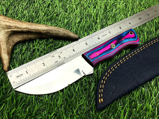 8" Forged Stainless Steel Skinner Knife – Polished Wood Handle & Leather Belt Sheath