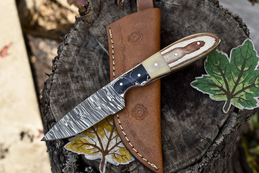 8" Forged Twist Damascus Skinner Knife Bone and Wood Handle Tactical Blade