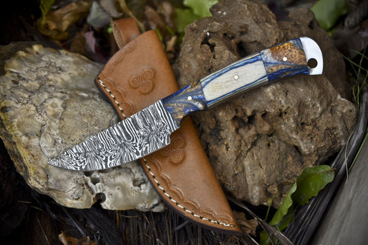 8" Forged Twist Damascus Skinner Knife Mixed Handle Micarta Guard Gift Blade