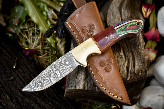 8" Forged Twist Damascus Skinner Knife Mixed Material Handle Outdoor Tactical Gift