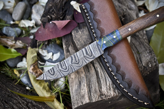 8" Forged Twist Damascus Skinner Knife with Walnut Wood Handle | Handmade EDC Hunting Blade