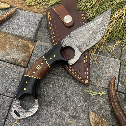 8" Hand-Forged Damascus Steel Bowie – EDC Hunting Knife with Wood Handle & Leather Sheath