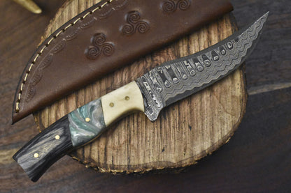 8" Hand Crafted Ladder Damascus Skinner Knife Mixed Material Camping Unique